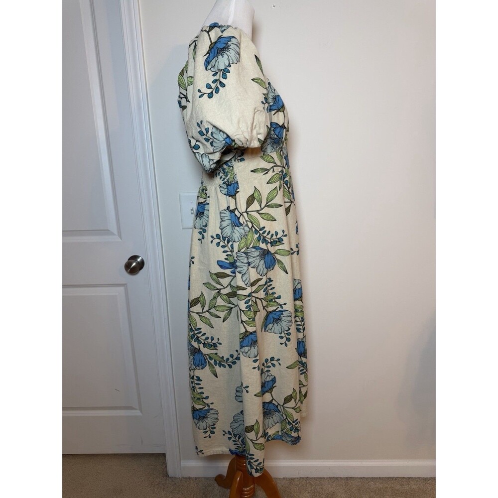 Tulip Creations Floral Smocked Puff Sleeve Midi Dress Women’s Large Tan Blue - Picture 3 of 8